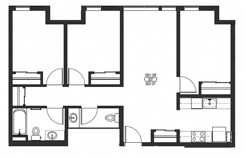 Floor plan for 3 beds, 1.5 baths, 921 sqft